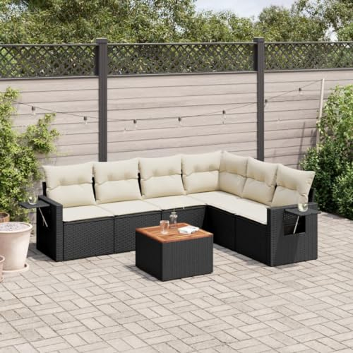 Willood Garten Rattan Sofa 7-TLG. Set mit Kissen Schwarz Poly RattanSchwarz+Cremeweiß