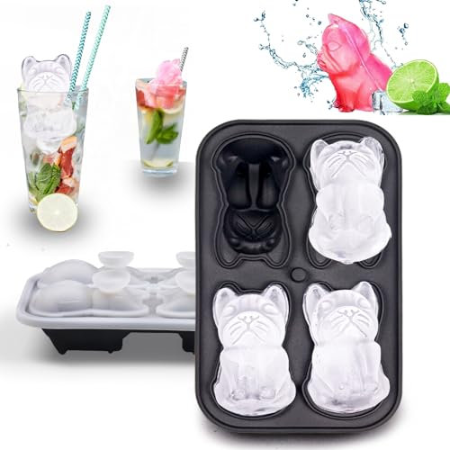 French Bulldog Ice Cube Tray,4 Hole Silicone Large Ice Trays Slow-Melting,Ice Cubes Maker Mold with Lid,Easy Release,BPA Free,Perfect For OXO,Whiskey,Cocktail,Coffee,Soda,Fun Drinks,and Gifts (Black)