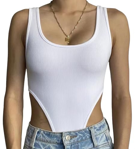 SHEKINI Body damer tank elegant bodysuit bodies ribbstickad ärmlös bodys U-hals stringbody underbody tanga topp outfit shapewear body shaper, Vit, S