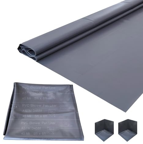 Torcia SINGFORM 40 mil Thickness 5' x 6' Shower Pan Liner with 2 Corner Dams | PVC Waterproofing Membrane Shower Pan & Base Sheet for Bathroom and Kitchen, Utra Durable, Grey