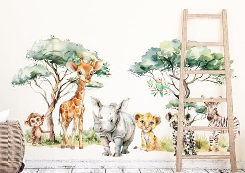 wolga-kreativ Wandtattoo Kinderzimmer - Safari Tiere Baum Giraffe Nashorn Löwe | Wandsticker für Babyzimmer | Kinderzimmer Deko | Kindergerechte und nachhaltige Wandtattoo Kinderzimmer Mädchen Jungen