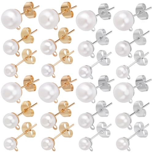 SOFPLATE 1 Box Mit 120 Perlenohrsteckern Perlenohrring Beschläge Ohrstecker Mit Kunstperlen Und Schlaufe Mit Schmetterlingsverschluss Hypoallergene Silberne Ohrstecker Für Die Schmuckherstellung DIY B