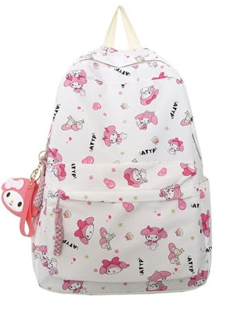 Roffatide Anime 18L Melody Rucksack - Lässiger Tagesrucksack mit Niedlichem Cartoon-Design und Schlüsselanhänger in Beige