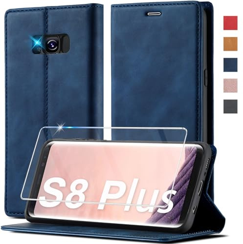 Handyhülle für Samsung Galaxy S8 Plus Hülle Leder [Mit S8 Plus Schutzfolie] für Samsung Galaxy S8 Plus Hülle Klappbar Leder Flip Wallet Stoßfeste Case Schutzhülle Klapphülle für Samsung S8 Plus Hülle