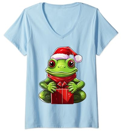 Damen Frosch Weihnachtsmann Hut Weihnachten Schnee Xmas Pyjama Party T-Shirt mit V-Ausschnitt