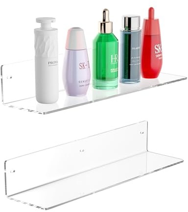 Sezanrpt 16 Inches Clear Acrylic Shelves, Wall Mounted Organizer Shelves for Bedroom, Clear Wall Storage Shelves for Cosmetics, Skincare, Router, Doll, Toiletries, Helmets, 2 Pack