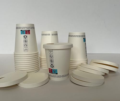 Kit 200 pezzi bicchiere con coperchio : 100 bicchieri carta bianco 8oz ( 250 ml ) + 100 coperchi con foro per bere in cartoncino Coffee to go Cappuccino Cioccolata Calda Caffe Tisana Te