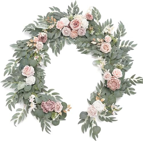 Guirlande d'eucalyptus de 1,8 m avec fleurs en soie artificielle pour chemin de table, centres de table, décoration d'arche, feuillage floral rose poudré