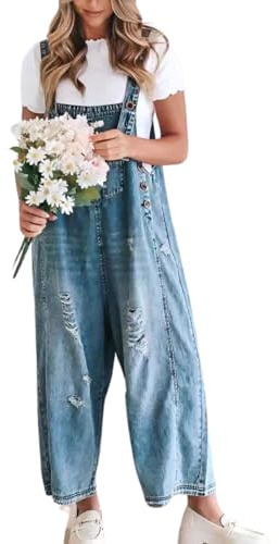 chouyatou Women Loose Adjustable Strap Denim Bib Overall Jeans Distressed Wide Leg Baggy Overalls Jumpsuit (Medium, Blue)