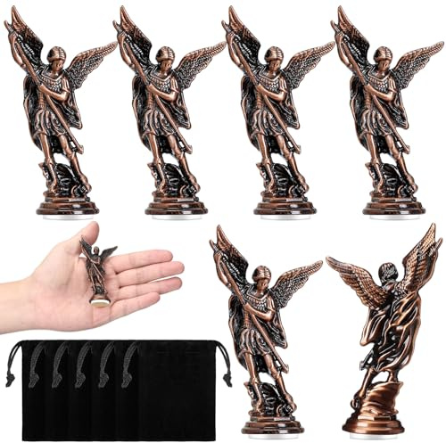 Wesiti 6 Stück Erzengel Saint Michael Statue 8,5 cm religiöse Figur mit schwarzen Samtbeuteln Sammlerstück Engel Skulptur Dekor für Zuhause oder Auto