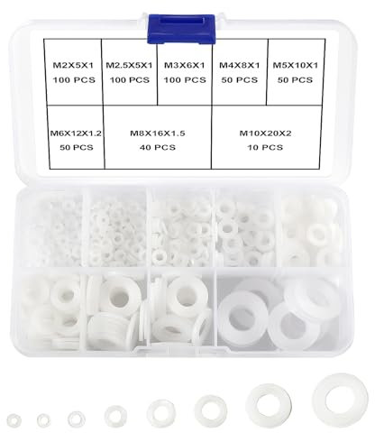 YIXISI 500 Piezas M2 M2.5 M3 M4 M5 M6 M8 M10 Kit de Surtido Arandelas Planas de Nailon, Nylon Arandela, Arandelas de Plastico para Mecánicas, Blanco