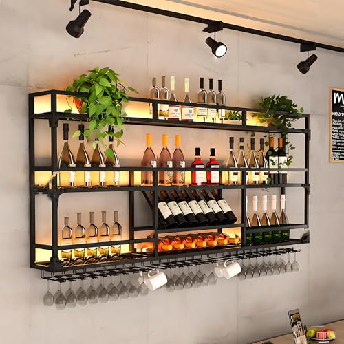 Weinregal zur Wandmontage, Wand montiertes Weinregal mit Weinglasregal, Metallbar Weinflaschen Präsentationsregal, Weinglas Hängeregal, geeignet für die Dekoration von Bar, Café (BLACK, 120*25*90CM)