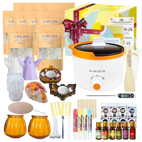 Ksedcon Halloween Candle Making Kit for Adults - Wax Melts Kit with Electric Wax Melting Pot, Includes Pumpkin Candle Jars and Holders, Ghost/Skull Molds, Candle Water Pen