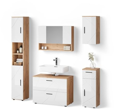 Livinity Badmöbel-Set Ronco, Weiß Hochglanz/Goldkraft Eiche 80 cm | 5-teilig · Waschtischunterschrank · Spiegelschrank · Hochschrank · Midischrank · Hängeschrank