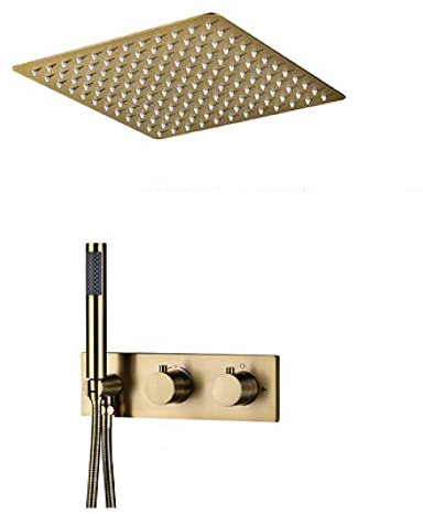 Shower System Concealed Thermostatic Shower Mixer Set Brushed Gold Shower Faucet Set with Brass Hand Shower and Rainfall Shower Head Advanced Air Injection Technology,10 Inch