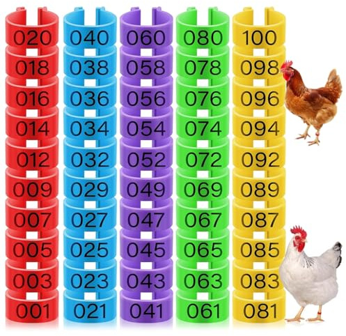 AOEVUIR 50 Pcs Hühnchen Identifikation Beine Ringe, Chicken Tags für Legs Geflügel Bands Clip On Leg Rings für Hühner, Enten, Hühnchen, Goose 5 Farben,16mm