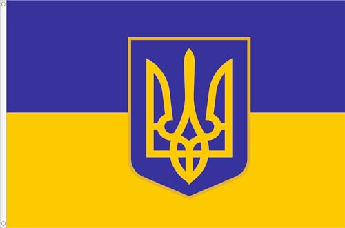 BANDERA DE UCRANIA CON ESCUDO (Тризуб). CALIDAD RASO PREMIUM 120 GRMS. TAMAÑO GRANDE 150X90 CM