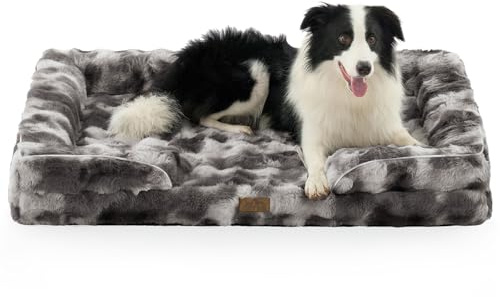 COZY KISS Kunstfell Orthopädisches Hundebett Waschbar für Extra Große Hunde | Weiches Hundesofa mit Erhöhter Rand, Rutschfest Hundecouch mit Wasserdichte Abnehmbar Bezug, 112x81cm, Tie Dye Grau