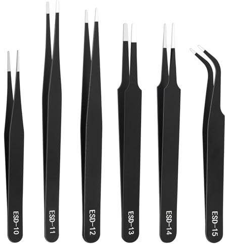 Lunhoo 6 Stück Präzisions Pinzetten Set, Antistatisch ESD Edelstahl Pinzette mit Spitz Pinzetten für Computer-Elektronik-Reparatur, Basteln Schmuckherstellung Modellbau Werkzeug