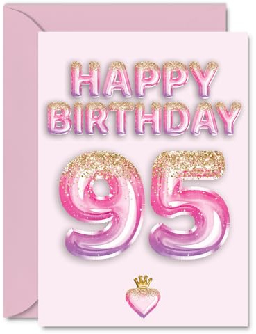 95th Birthday Cards for Women and Men, Pink & Purple Glitter Balloons | Happy Birthday Card for 95 Year Old Man Woman Grandma Nan Dad Husband, A5 Bday Greeting Cards