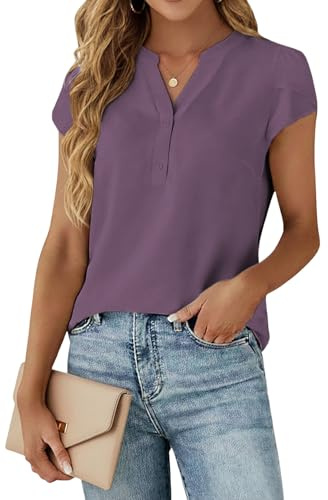 Cuptacc Bluse Damen Sommer V-Ausschnitt Oberteil Tunika Lila L 42-44