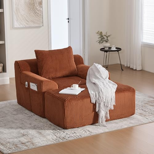 Übergroßer Couch Sessel 147 * 110 * 67 cm mit Fußhocker & Seitentaschen | Cord Sofas mit tiefem Sitz | Boneless Couch, Compressed Sofa Ohne Montage für Wohnzimmer & Büro, Orange