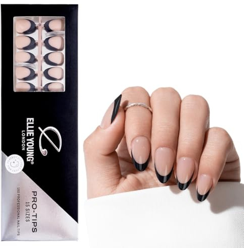 Ellie Young 150pcs Press On Nails Black Short Almond Nail French Tip,15 Sizes, PROTIPS Gel Acrylic Nail Extensions for Easy DIY Natural Look(ONLY NAILS) French Short Almond