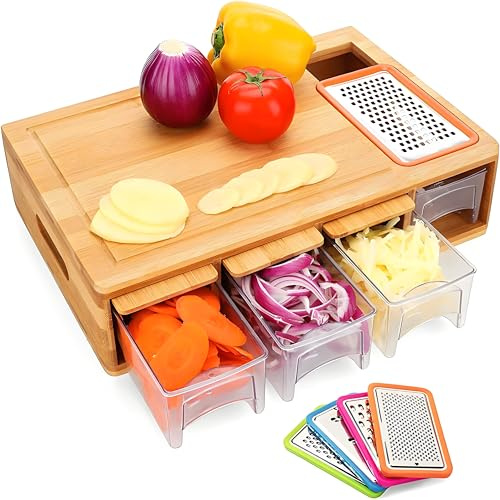 Homeily Wooden Chopping Board Set with Drawer Graters | 5-in-1 Multifunctional Kitchen Board with 4 Storage Containers, Juice Groove & Non-Slip Handle for Food Preparation
