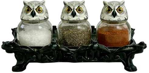 Vintage Owl Glass Storage Jars Set - 3 Pieces Clear Decorative Seasoning Containers, Animal Shape Apothecary Style Preserving Jars Kitchen Pantry Cabinet Shelf Display for Collectors Home Decor | sty