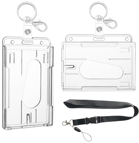 2 Pcs Porte Carte Transparent Rigide, Porte-Badge Vertical à 2 Cartes Avec Fente, Porte Badges Avec Cordon, Pour Id D'école De Bureau Cartes de Crédit Licences Passes(2 Porte-clés)
