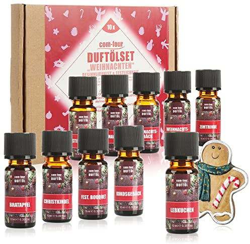 com-four® 10x duftende Öle im Set - Raumduft Weihnachten - Duftöl für Aroma-Diffusoren, Lufterfrischer, Wasser-Verdampfer, Luft-Befeuchter (10er Mix Weihnachten)