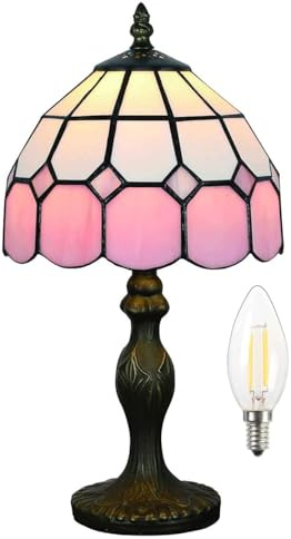 Five liters Tiffany Stil Tischlampe 8 Zoll, Vintage Design mit Buntglas, Energiesparende LED Birne, Ambiente Beleuchtung für Homeoffice, Arbeitszimmer und Nachtisch (PINK)