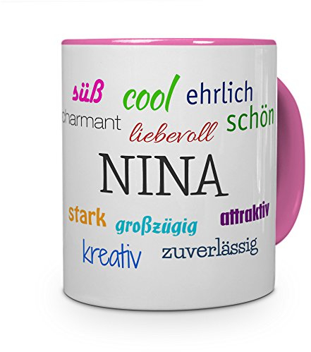 printplanet Tasse mit Namen Nina - Positive Eigenschaften von Nina - Namenstasse, Kaffeebecher, Mug, Becher, Kaffeetasse - Farbe Rosa