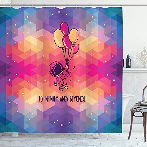 ABAKUHAUS Astronaut Duschvorhang, Doodle Space Man, Stoffliches Gewebe Badezimmerdekorationsset mit Haken, 175 x 200 cm, Mehrfarbig Rosa