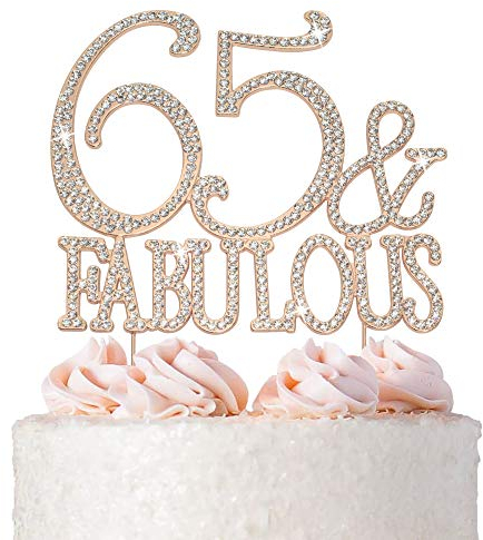 65 Cake Topper - Premium Rose Gold Metal - 65 and Fabulous - 65th Birthday Party Sparkly Rhinestone Decoration Makes a Great Centerpiece - Now Protected in a Box