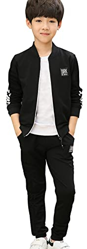 LPATTERN Kinder Jungen Frühling & Herbst 2tlg Bekleidungsset Zweiteiler Sportanzug Trainingsanzug Jogginganzug Freizeitanzug Outfit-Set(Trainingsjacke+ Trainingshose), Schwarz, 122-128(Label:130)