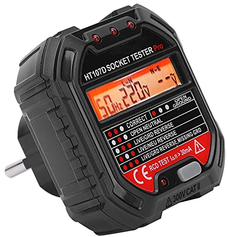 Steckdosenprüfgerät, Walfront HT107D Digitaler Steckdosentester mit LCD Voltage + Kontrollleuchten Anzeige, Netzfehlerprüfung mit 7 LED Lichtmodi, EU 90-250V/45-65Hz, CE-Zertifiziert