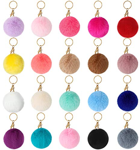 Ohok 20 Stück Pompom Ball Schlüsselanhänger Weich Plüsch Keychain Taschenanhänger, Taschen Koffer Rucksäcke Auto Schlüssel Dekor Zubehör für Frauen Mädchen