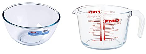 Pyrex Classic Jarra De Vidrio Medidora De 1 L, Apta para Microondas + Classic Bol De Vidrio para Mezclas De 3 litros