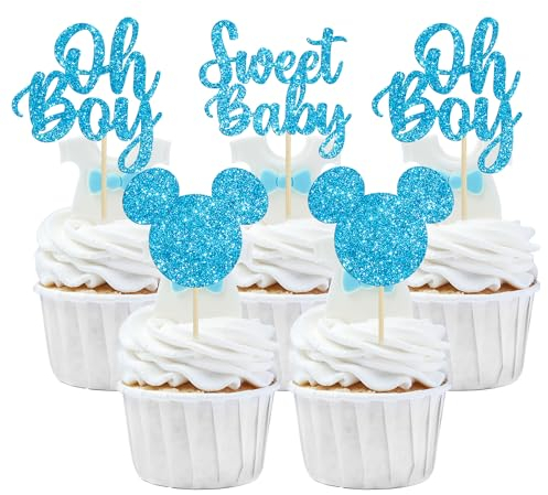 36 Stück Oh Boy Cupcake-Topper, blau glitzernde Maus-inspirierte Kuchendekorationen für Babyparty, Cupcake-Topper für Jungen, Geburtstagsparty, Dekoration für Babyparty