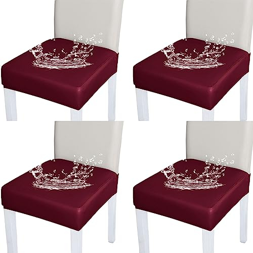 Bestenrose Stuhlhussen 4er/6er Set Stretch Stuhlbezug Sitzfläche PU Leder Wasserdichter Bezug Sitzbezüge Beschützer Stuhlhussen für Esszimmerstuhl Sitzkissen Keine Rückenlehne (Weinrot, 4er Set)