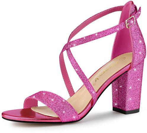 Allegra K Women's Glitter Crisscross Strap Block Heels Sandals Rose Hot Pink 6 UK/Label Size 8 US
