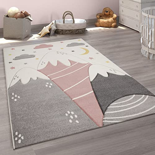 Paco Home Teppich Kinderzimmer Kinderteppich Spielteppich Junge Mädchen 3D Optik Modern Pastell Berge Wolken Sterne, Grösse:140x200 cm