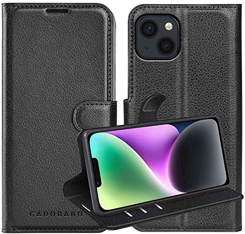 Cadorabo Hülle kompatibel mit Apple iPhone 14 Handyhülle aus Premium Kunst Leder Flip Klappbare Stoßfeste Magnetische [Standfunktion] [Kartenfächern] Cover Hülle für iPhone 14 Tasche in Schwarz