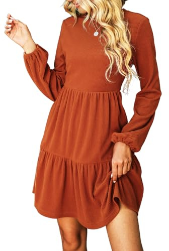 CUPSHE Kleid Damen Mini mit Rundhals, Langarm, Rippstruktur und Volantsaum | Die vertikale Rippstruktur zieht sich vom Rundhals bis zur Taille, bevor der Rock in zwei gerafften Stufen auseinanderfällt.