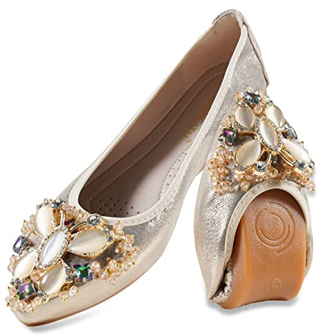 MACHSWON Womens Fold up Pumps Roll up Shoes Foldable Ballet Flats with Sparkly Rhinestone, Portable Ladies Slip On Loafers(Gold-2, Size 6)