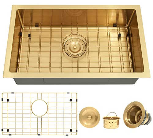 MILOSEN Gold RV Küchenspüle, RV Camper Küchenspüle, kleine einzelne Schüssel RV Waschbecken für eine Camper-Küche, 63,5 x 38,1 cm Unterbau-RV-Spüle mit goldenem Korbsieb