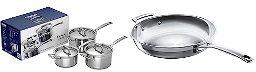 Le Creuset 3-Ply Stainless Steel Saucepan with Lid, 20 x 12.2 cm, 3 Piece, 96209000001000 & Le Creuset 3-Ply Stainless Steel Uncoated Frying Pan, 28 x 6 cm, 96200228001100