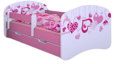 Happy Babies Kinderbett Kinderbett mit Rausfallschutz und Bettschublade Bett für Mädchen 160x80 mit Matratze 80 x 160 Weiß Rose Bett Prinzessin