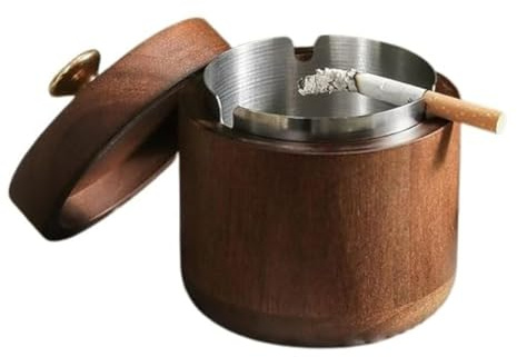 Wooden Ashtray with Lid for Cigarette Smokers, Large Capacity Windproof Smokeless Odorless Ashtray with Stainless Steel Insert, Tabletop Ash Tray for Home Office Patio Outdoor Balcony (10 x 12 cm)